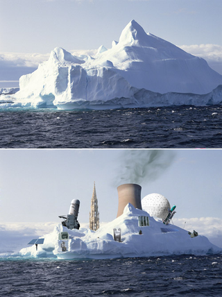 An ice shelf off the coast of Greenland in 2006 (above) and last week (below).